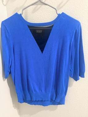 DKNY Short Sleeve Mesh Detail V-Neck Sweater in Deep Cobalt